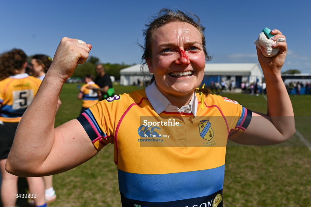 25 April 2026; Ciara Meenagh of Clondalkin RFC celebrates after her side’s victory in the Leinster Rugby Women's Paul Cusack Plate final match between Birr RFC and Clondalkin RFC at Portlaoise RFC in Portlaoise, Laois. Photo by Tom Beary/Sportsfile