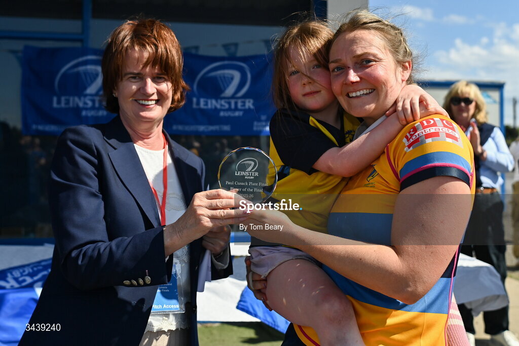 25 April 2026; Dorothy Collins, Chair of the Leinster Women's Committee presents Ciara Meenagh of Clondalkin RFC with the Player of the Match trophy after the Leinster Rugby Women's Paul Cusack Plate final match between Birr RFC and Clondalkin RFC at Portlaoise RFC in Portlaoise, Laois. Photo by Tom Beary/Sportsfile