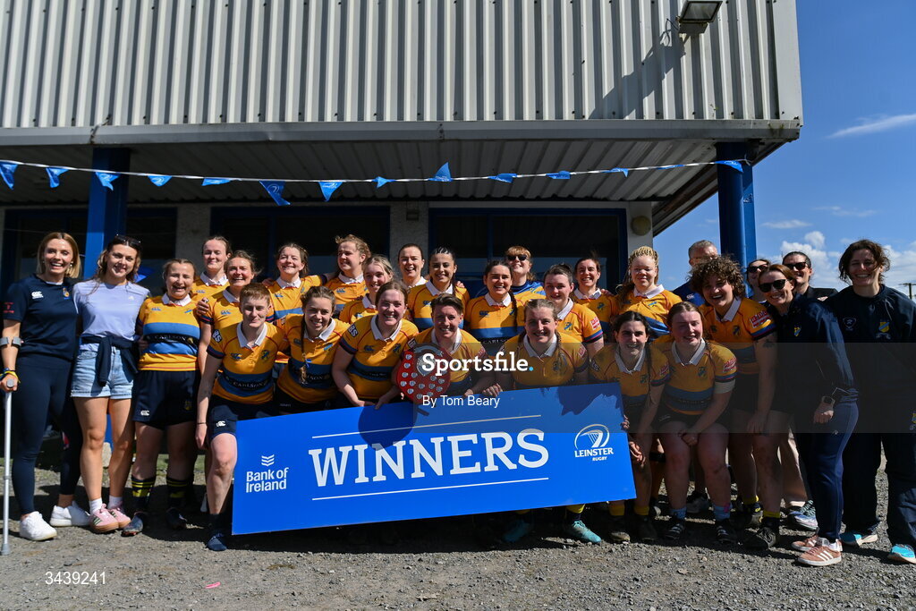 25 April 2026; Clondalkin RFC players and management team celebrate with the trophy after the Leinster Rugby Women's Paul Cusack Plate final match between Birr RFC and Clondalkin RFC at Portlaoise RFC in Portlaoise, Laois. Photo by Tom Beary/Sportsfile
