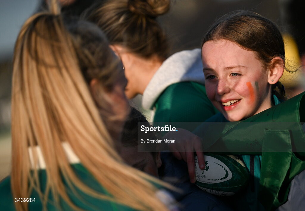 18 April 2026; An Ireland supporter meets Aoife Dalton of Ireland after the Women's Six Nations Rugby Championship match between Ireland and Italy at Dexcom Stadium in Galway. Photo by Brendan Moran/Sportsfile