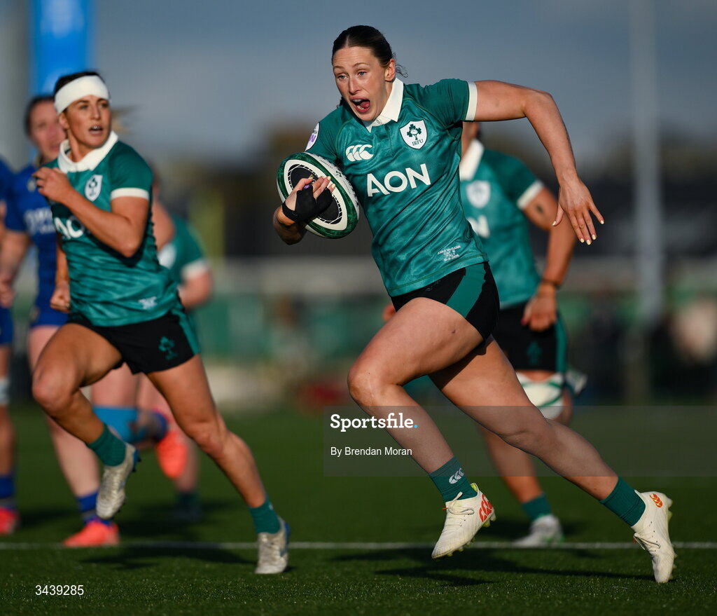 18 April 2026; Anna McGann of Ireland during the Women's Six Nations Rugby Championship match between Ireland and Italy at Dexcom Stadium in Galway. Photo by Brendan Moran/Sportsfile