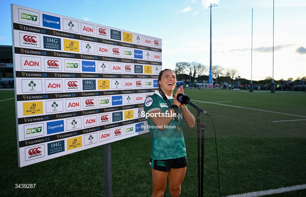 18 April 2026; Béibhinn Parsons of Ireland after the Women's Six Nations Rugby Championship match between Ireland and Italy at Dexcom Stadium in Galway. Photo by Brendan Moran/Sportsfile