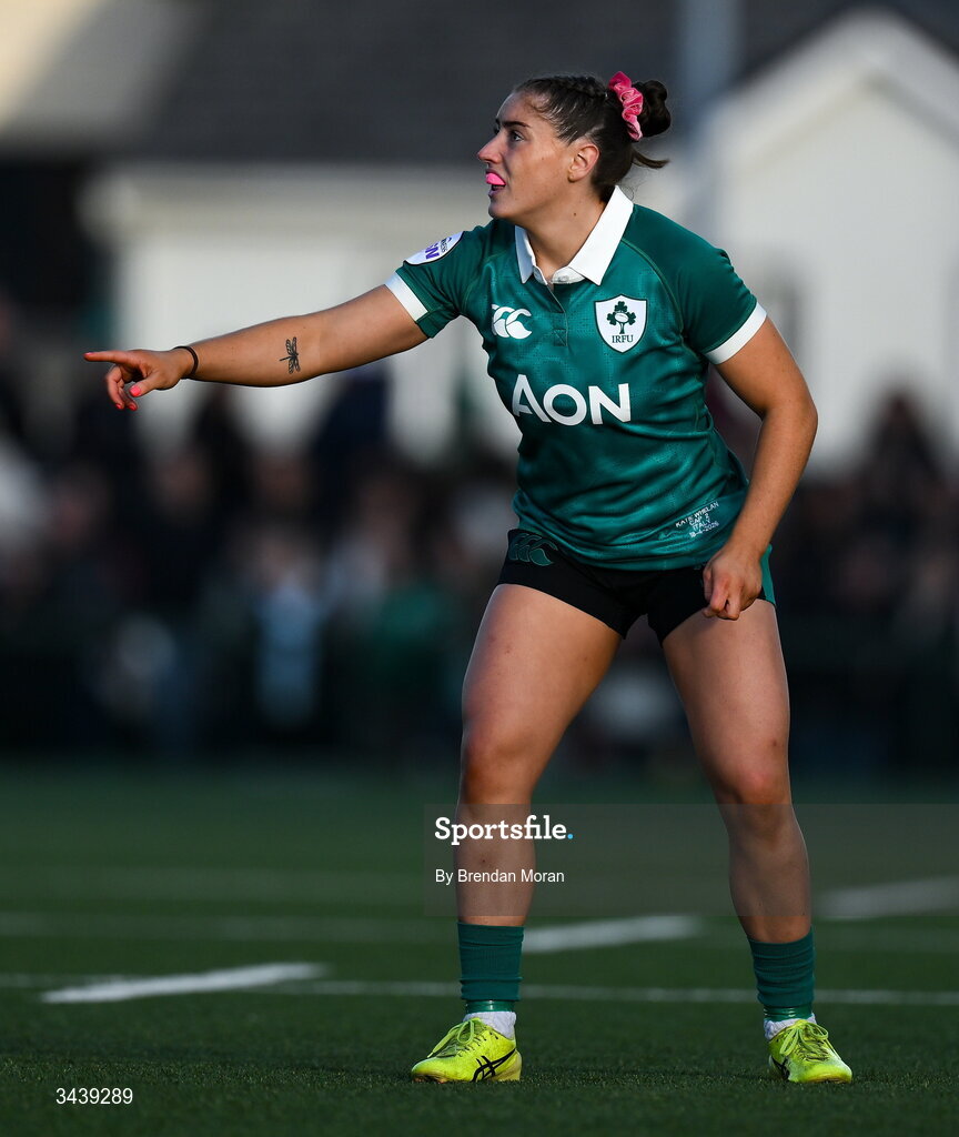 18 April 2026; Katie Whelan of Ireland during the Women's Six Nations Rugby Championship match between Ireland and Italy at Dexcom Stadium in Galway. Photo by Brendan Moran/Sportsfile