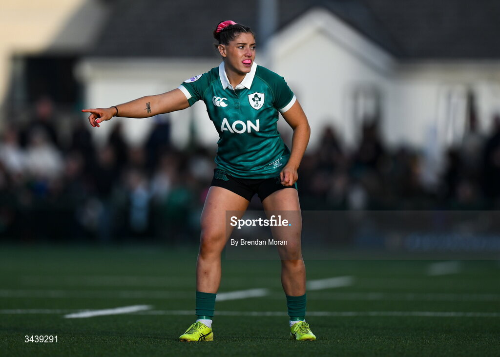 18 April 2026; Katie Whelan of Ireland during the Women's Six Nations Rugby Championship match between Ireland and Italy at Dexcom Stadium in Galway. Photo by Brendan Moran/Sportsfile