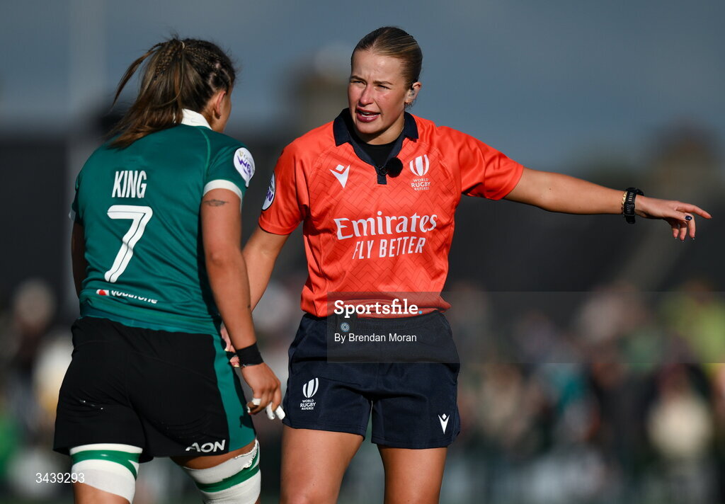 18 April 2026; Referee Ella Goldsmith in conversation with Ireland captain Erin King during the Women's Six Nations Rugby Championship match between Ireland and Italy at Dexcom Stadium in Galway. Photo by Brendan Moran/Sportsfile