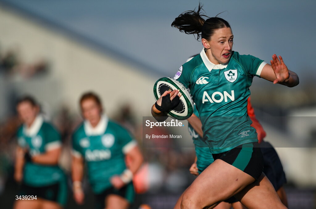 18 April 2026; Anna McGann of Ireland during the Women's Six Nations Rugby Championship match between Ireland and Italy at Dexcom Stadium in Galway. Photo by Brendan Moran/Sportsfile
