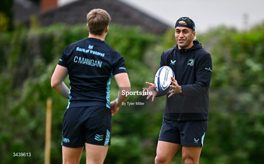 27 April 2026; Rieko Ioane, right, and Ciarán Mangan during a Leinster Rugby squad training session at Rosemount in UCD, Dublin. Photo by Tyler Miller/Sportsfile