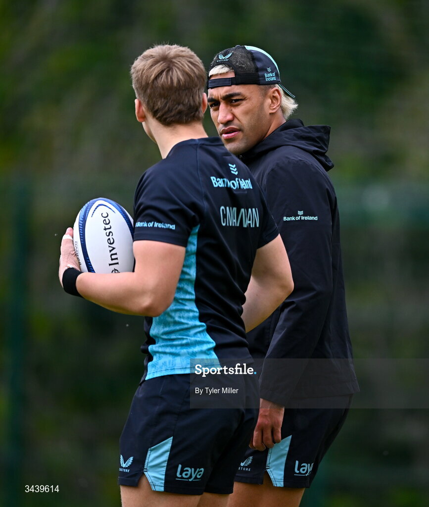 27 April 2026; Rieko Ioane, right, and Ciarán Mangan during a Leinster Rugby squad training session at Rosemount in UCD, Dublin. Photo by Tyler Miller/Sportsfile
