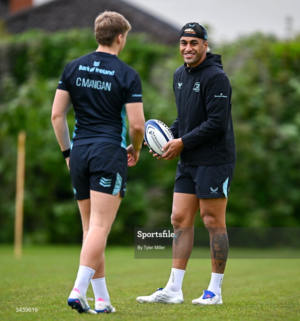 27 April 2026; Rieko Ioane, right, and Ciarán Mangan during a Leinster Rugby squad training session at Rosemount in UCD, Dublin. Photo by Tyler Miller/Sportsfile