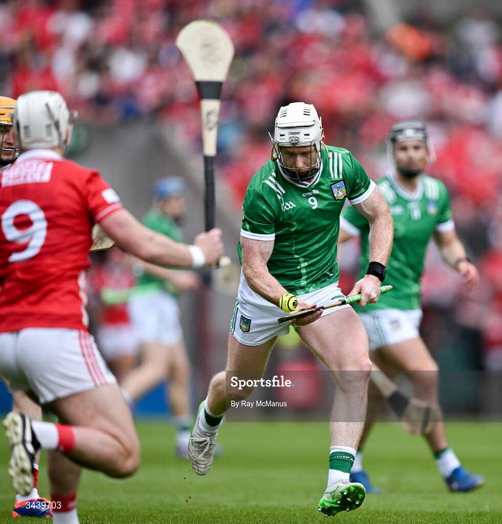 26 April 2026; Cian Lynch of Limerick is tackled by Tommy O'Connell of Cork during the Munster GAA Senior Hurling Championship Round 2 match between Cork and Limerick at SuperValu Páirc Uí Chaoimh in Cork. Photo by Ray McManus/Sportsfile