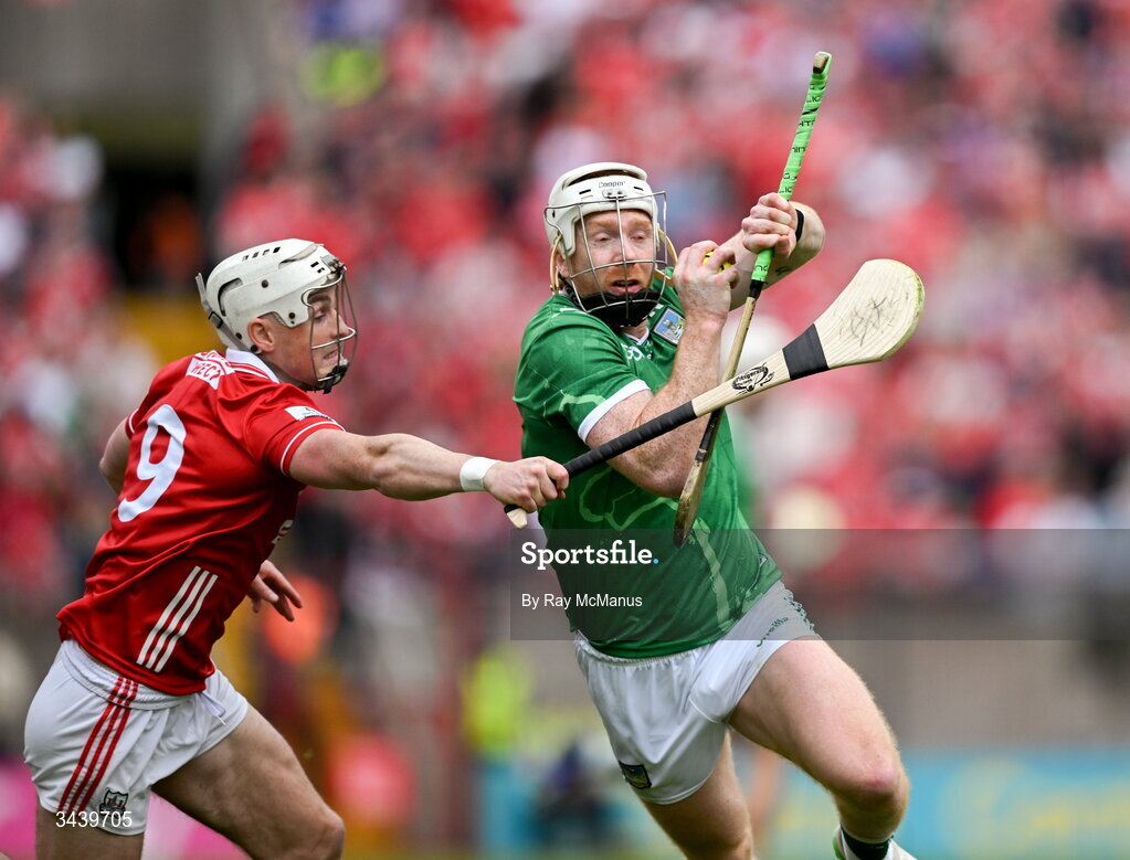 26 April 2026; Cian Lynch of Limerick is tackled by Tommy O'Connell of Cork during the Munster GAA Senior Hurling Championship Round 2 match between Cork and Limerick at SuperValu Páirc Uí Chaoimh in Cork. Photo by Ray McManus/Sportsfile