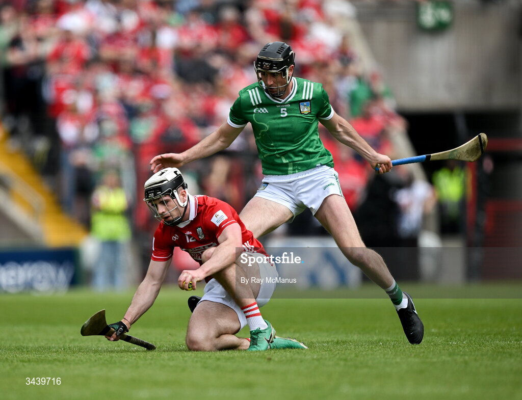26 April 2026; Barry Walsh of Cork is tackled by Diarmaid Byrnes of Limerick during the Munster GAA Senior Hurling Championship Round 2 match between Cork and Limerick at SuperValu Páirc Uí Chaoimh in Cork. Photo by Ray McManus/Sportsfile