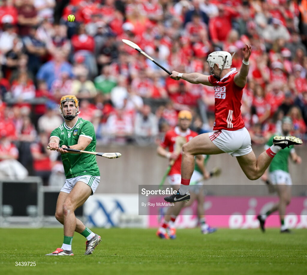 26 April 2026; Adam English of Limerick is tackled by Tommy O'Connell of Cork during the Munster GAA Senior Hurling Championship Round 2 match between Cork and Limerick at SuperValu Páirc Uí Chaoimh in Cork. Photo by Ray McManus/Sportsfile
