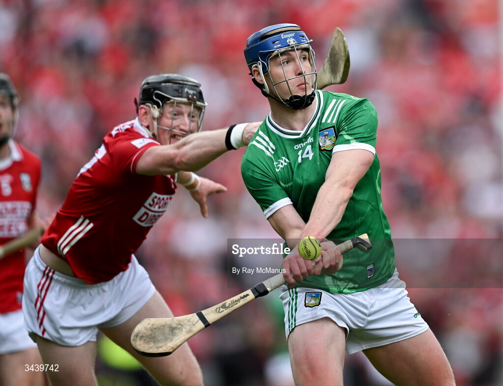 26 April 2026; Shane O'Brien of Limerick is tackled by Damien Cahalane of Cork during the Munster GAA Senior Hurling Championship Round 2 match between Cork and Limerick at SuperValu Páirc Uí Chaoimh in Cork. Photo by Ray McManus/Sportsfile