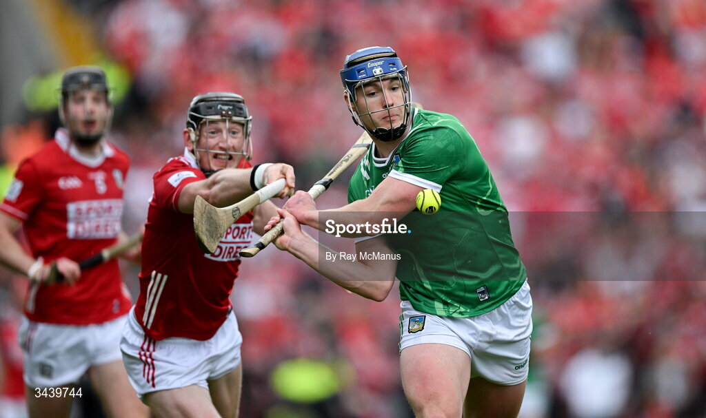 26 April 2026; Shane O'Brien of Limerick is tackled by Damien Cahalane of Cork during the Munster GAA Senior Hurling Championship Round 2 match between Cork and Limerick at SuperValu Páirc Uí Chaoimh in Cork. Photo by Ray McManus/Sportsfile