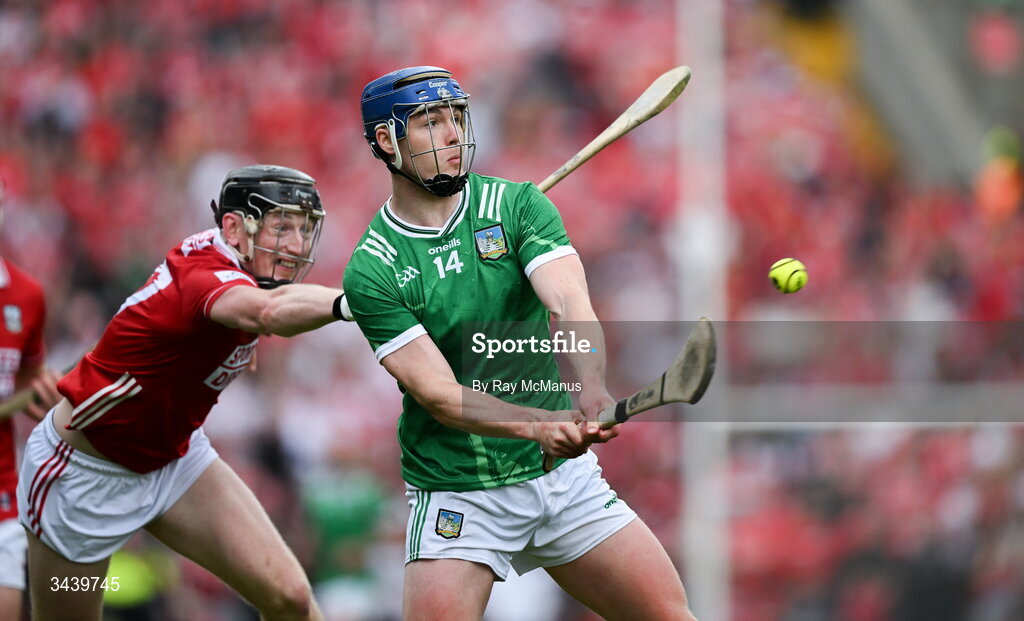 26 April 2026; Shane O'Brien of Limerick is tackled by Damien Cahalane of Cork during the Munster GAA Senior Hurling Championship Round 2 match between Cork and Limerick at SuperValu Páirc Uí Chaoimh in Cork. Photo by Ray McManus/Sportsfile