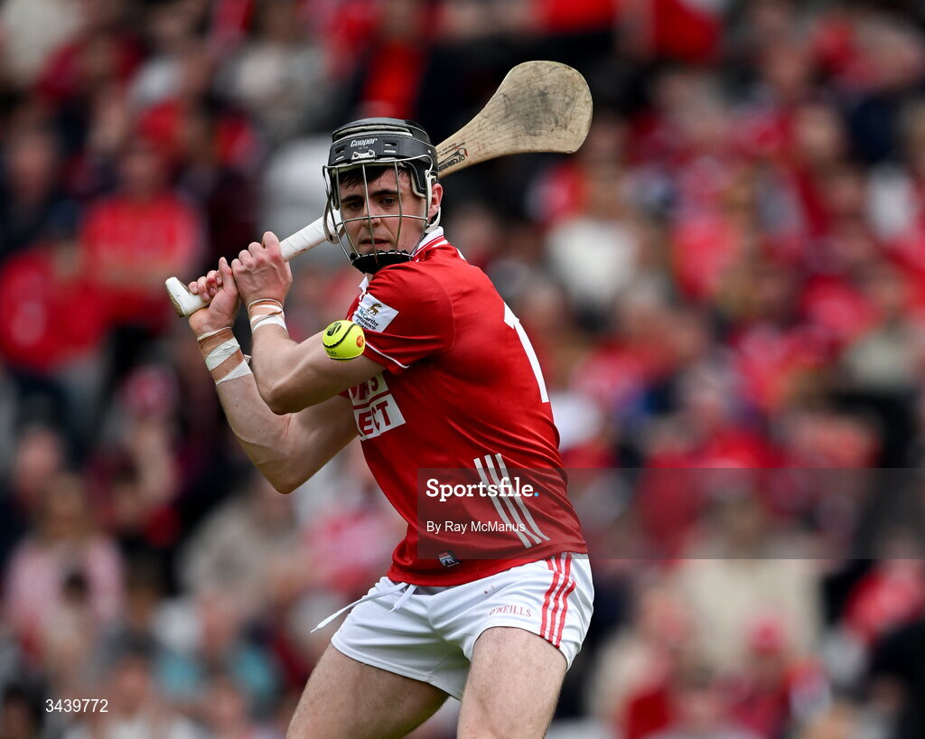 26 April 2026; Darragh Fitzgibbon of Cork strikes a free during the Munster GAA Senior Hurling Championship Round 2 match between Cork and Limerick at SuperValu Páirc Uí Chaoimh in Cork. Photo by Ray McManus/Sportsfile