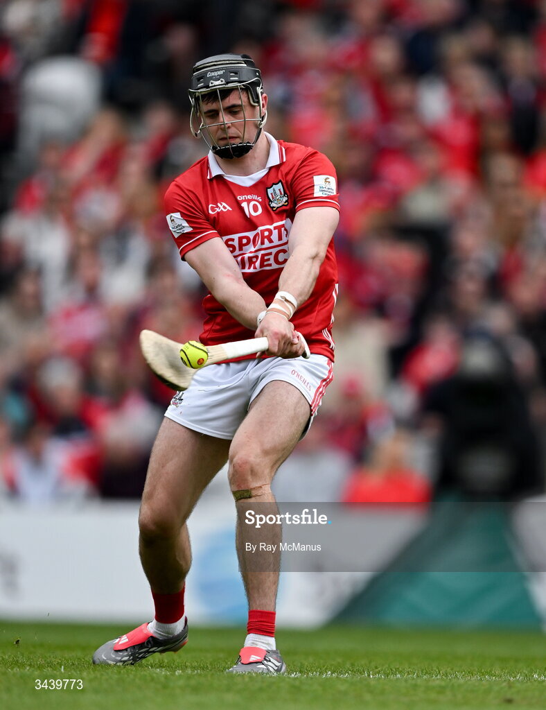 26 April 2026; Darragh Fitzgibbon of Cork strikes a free during the Munster GAA Senior Hurling Championship Round 2 match between Cork and Limerick at SuperValu Páirc Uí Chaoimh in Cork. Photo by Ray McManus/Sportsfile