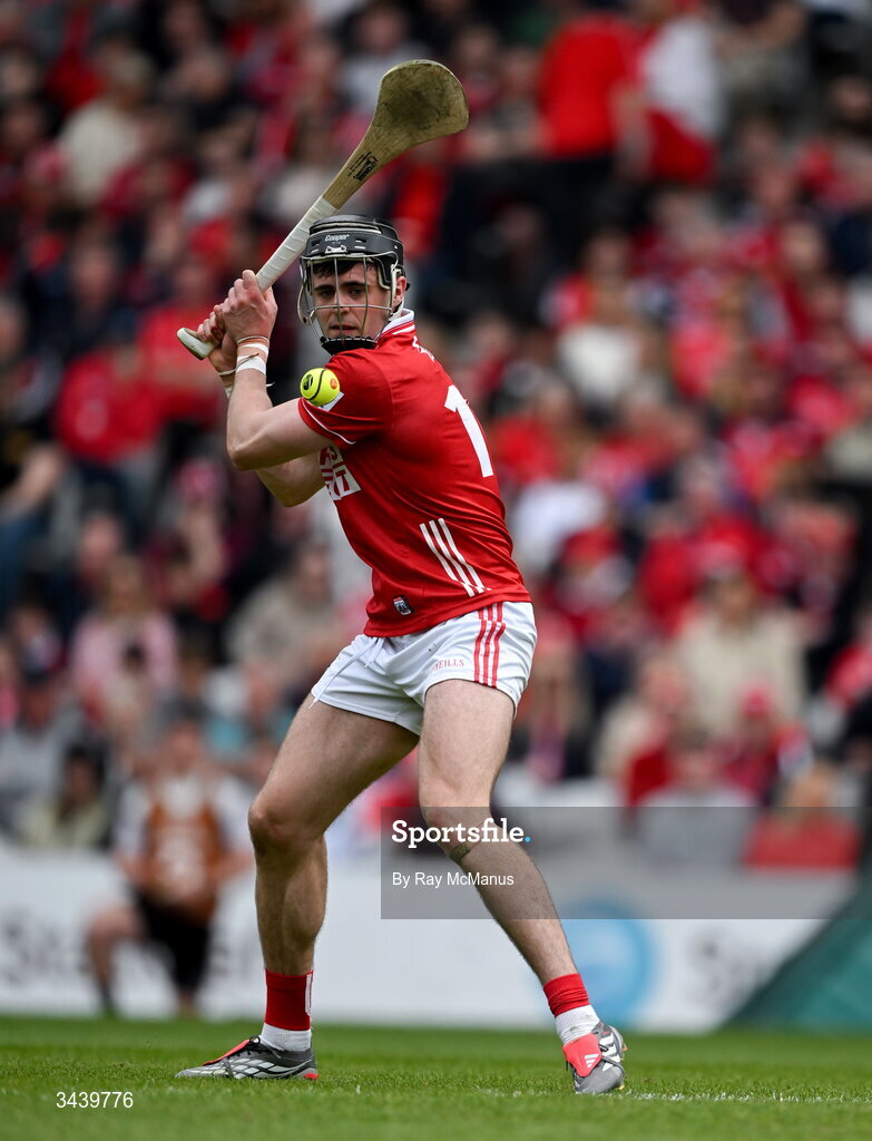 26 April 2026; Darragh Fitzgibbon of Cork strikes a free during the Munster GAA Senior Hurling Championship Round 2 match between Cork and Limerick at SuperValu Páirc Uí Chaoimh in Cork. Photo by Ray McManus/Sportsfile