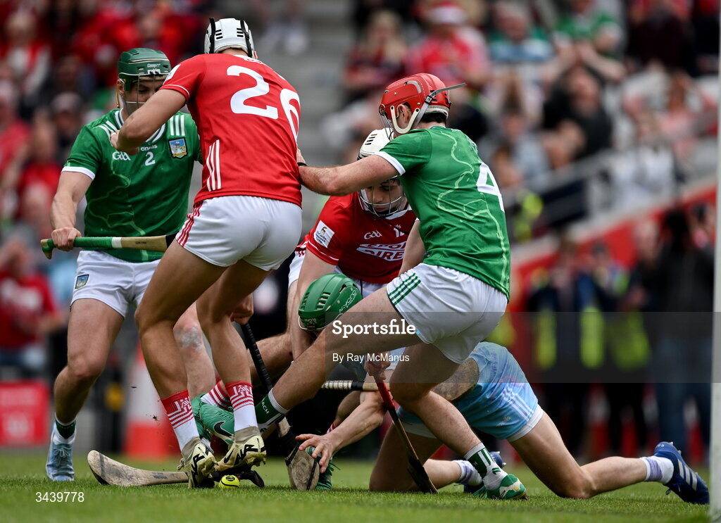 26 April 2026; Limerick goalkeeper Nickie Quaid, with support from Sean Finn and Barry Nash, 4, tries to grab the sliotar under pressure from Alan Walsh, 26, and Barry Walsh of Cork during the Munster GAA Senior Hurling Championship Round 2 match between Cork and Limerick at SuperValu Páirc Uí Chaoimh in Cork. Photo by Ray McManus/Sportsfile