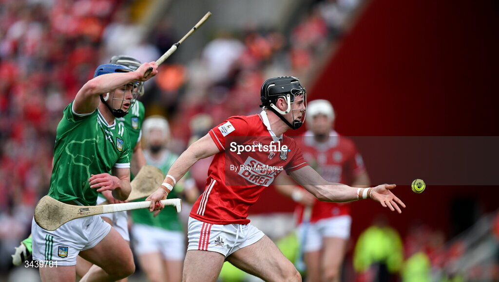 26 April 2026; Darragh Fitzgibbon of Cork is tackled by Aidan O'Connor of Limerick during the Munster GAA Senior Hurling Championship Round 2 match between Cork and Limerick at SuperValu Páirc Uí Chaoimh in Cork. Photo by Ray McManus/Sportsfile