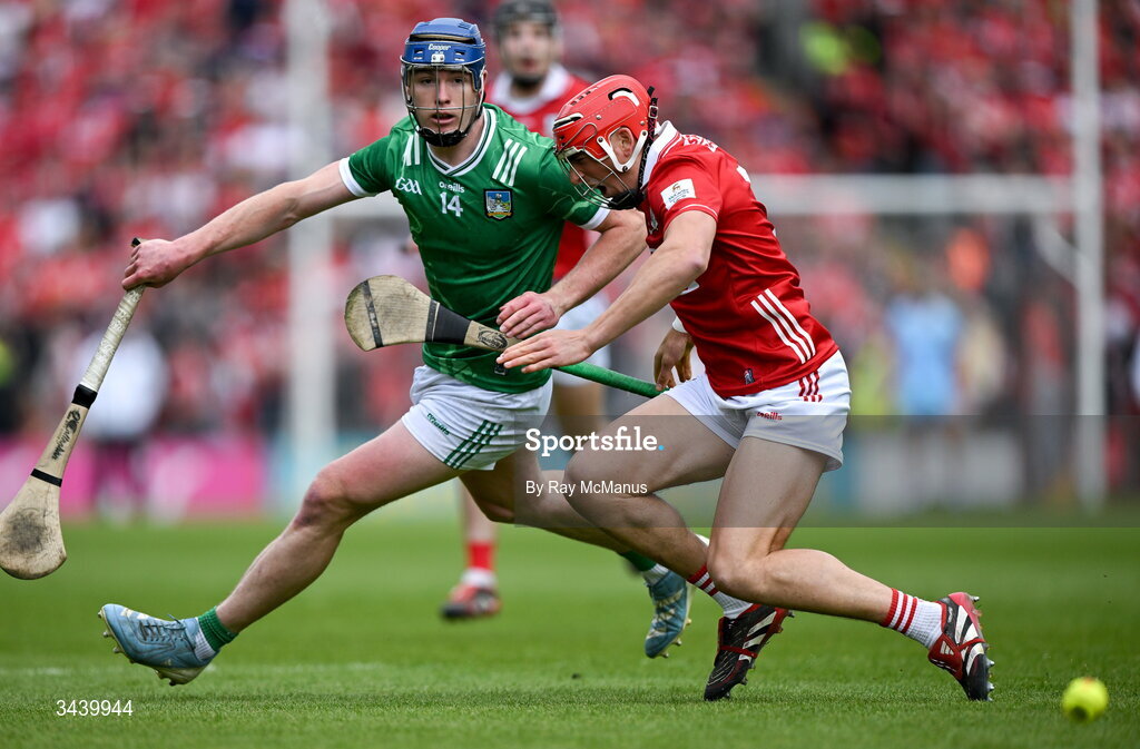 26 April 2026; Shane O'Brien of Limerick looks on as Ciarán Joyce of Cork goes down with what was later identified as an anterior cruciate ligament (ACL) injury, in the 5th minute, during the Munster GAA Senior Hurling Championship Round 2 match between Cork and Limerick at SuperValu Páirc Uí Chaoimh in Cork. Photo by Ray McManus/Sportsfile