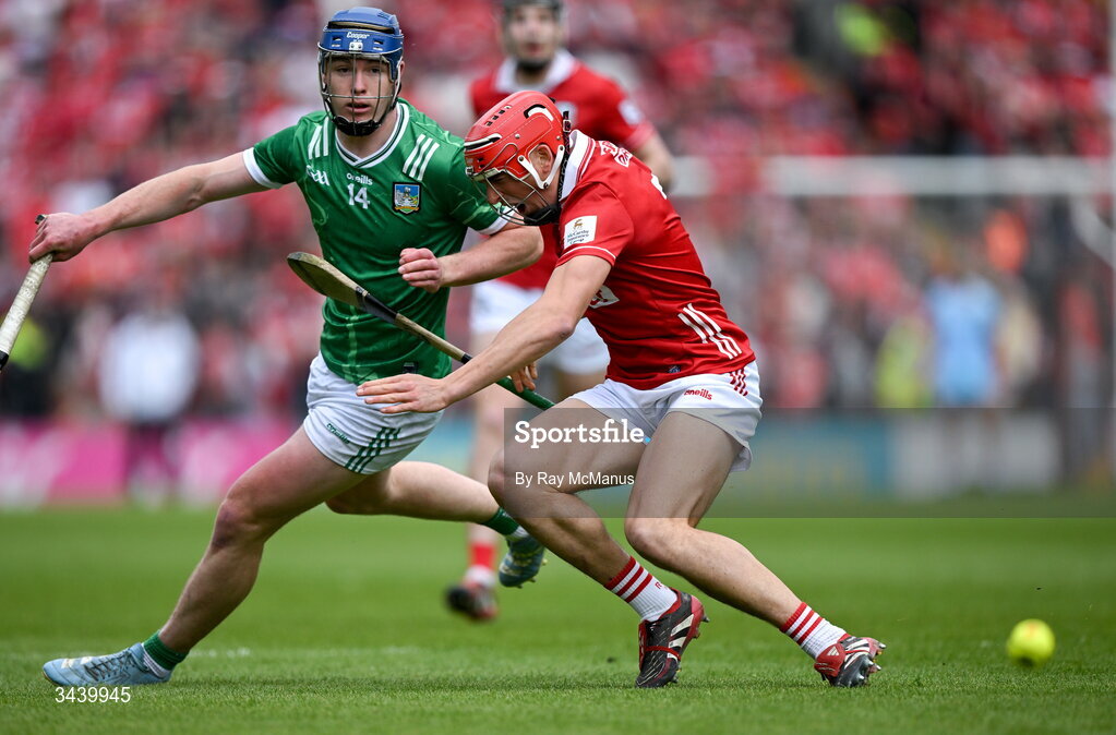 26 April 2026; Shane O'Brien of Limerick looks on as Ciarán Joyce of Cork goes down with what was later identified as an anterior cruciate ligament (ACL) injury, in the 5th minute, during the Munster GAA Senior Hurling Championship Round 2 match between Cork and Limerick at SuperValu Páirc Uí Chaoimh in Cork. Photo by Ray McManus/Sportsfile