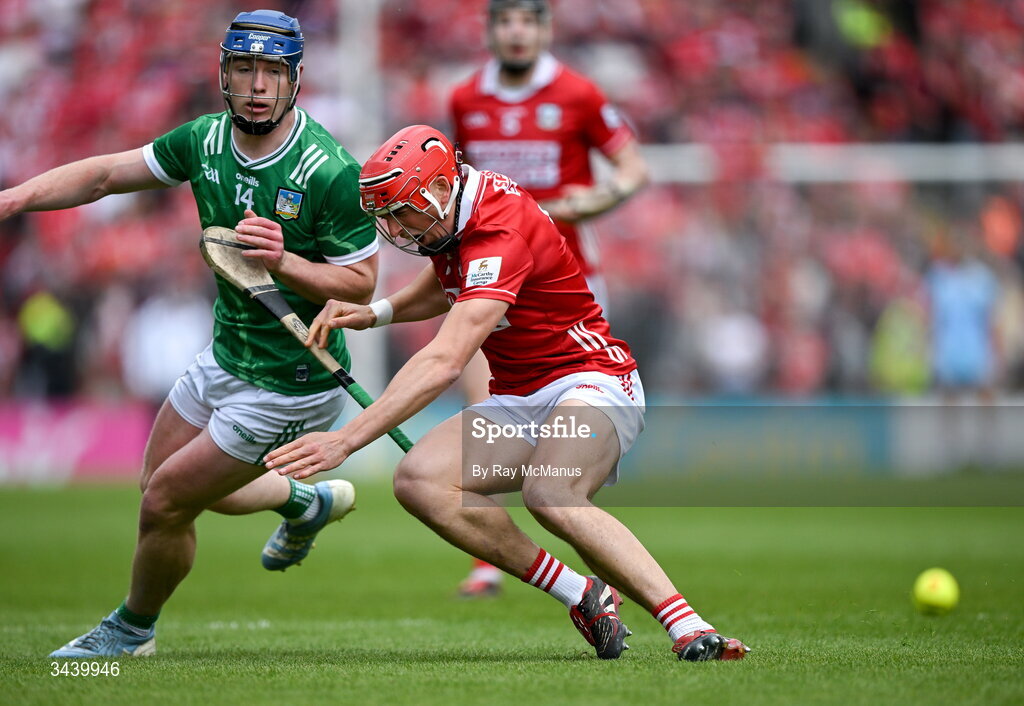 26 April 2026; Shane O'Brien of Limerick looks on as Ciarán Joyce of Cork goes down with what was later identified as an anterior cruciate ligament (ACL) injury, in the 5th minute, during the Munster GAA Senior Hurling Championship Round 2 match between Cork and Limerick at SuperValu Páirc Uí Chaoimh in Cork. Photo by Ray McManus/Sportsfile