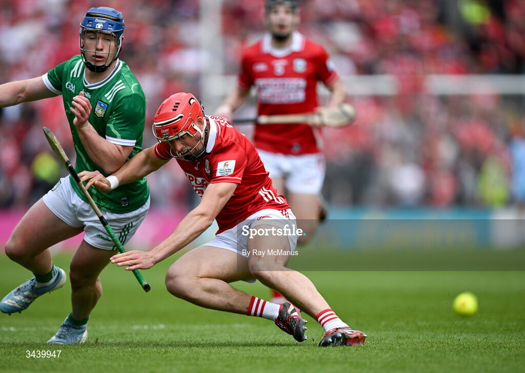26 April 2026; Shane O'Brien of Limerick looks on as Ciarán Joyce of Cork goes down with what was later identified as an anterior cruciate ligament (ACL) injury, in the 5th minute, during the Munster GAA Senior Hurling Championship Round 2 match between Cork and Limerick at SuperValu Páirc Uí Chaoimh in Cork. Photo by Ray McManus/Sportsfile