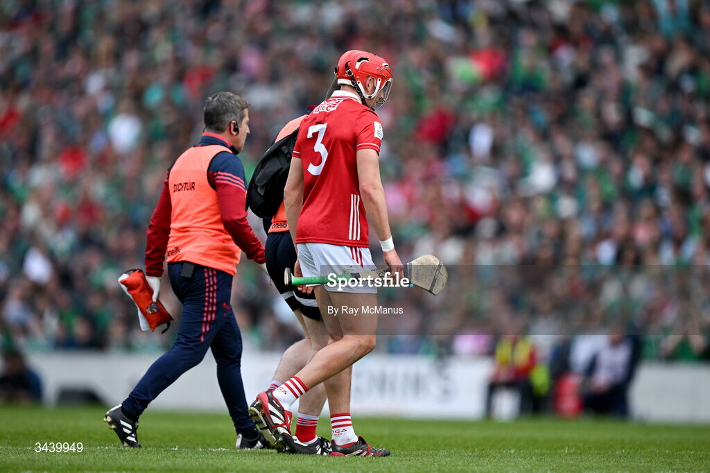 26 April 2026; Ciarán Joyce of Cork leaves the field with what was later identified as an anterior cruciate ligament (ACL) injury, in the 5th minute, during the Munster GAA Senior Hurling Championship Round 2 match between Cork and Limerick at SuperValu Páirc Uí Chaoimh in Cork. Photo by Ray McManus/Sportsfile