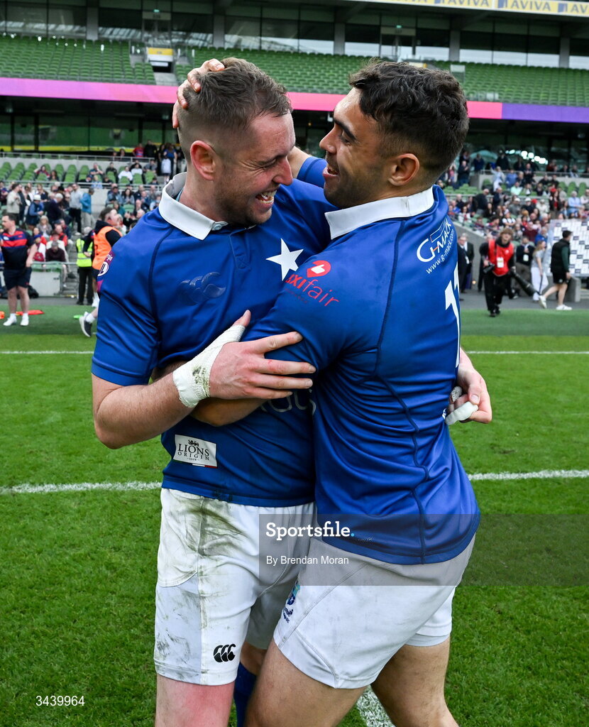 26 April 2026; Conor Dean, left, and Ramirez Leandro of St Mary's College RFC celebrate after the Energia Men's All-Ireland League Division 1A final match between Clontarf FC and St Mary's College RFC at the Aviva Stadium in Dublin. Photo by Brendan Moran/Sportsfile