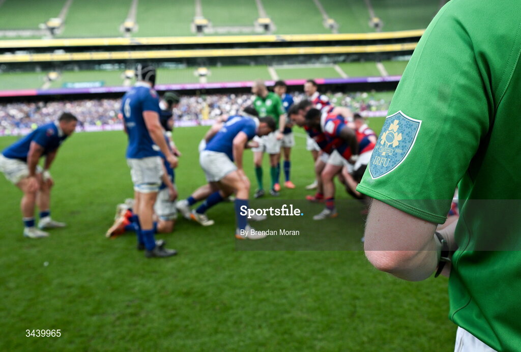 26 April 2026; A general view of a match official during the Energia Men's All-Ireland League Division 1A final match between Clontarf FC and St Mary's College RFC at the Aviva Stadium in Dublin. Photo by Brendan Moran/Sportsfile