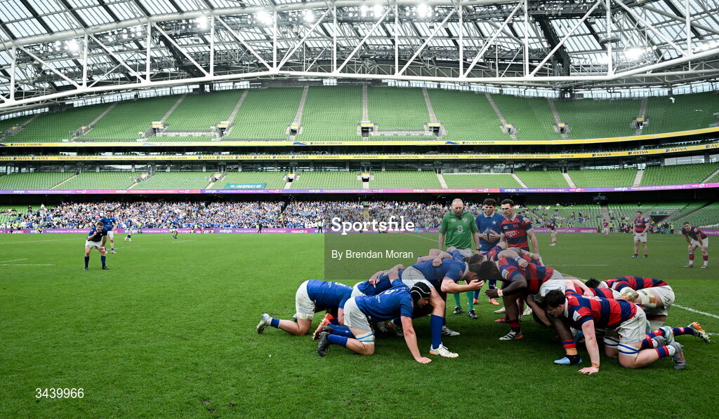 26 April 2026; A general view of a scrum during the Energia Men's All-Ireland League Division 1A final match between Clontarf FC and St Mary's College RFC at the Aviva Stadium in Dublin. Photo by Brendan Moran/Sportsfile