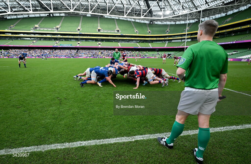 26 April 2026; A general view of a scrum during the Energia Men's All-Ireland League Division 1A final match between Clontarf FC and St Mary's College RFC at the Aviva Stadium in Dublin. Photo by Brendan Moran/Sportsfile