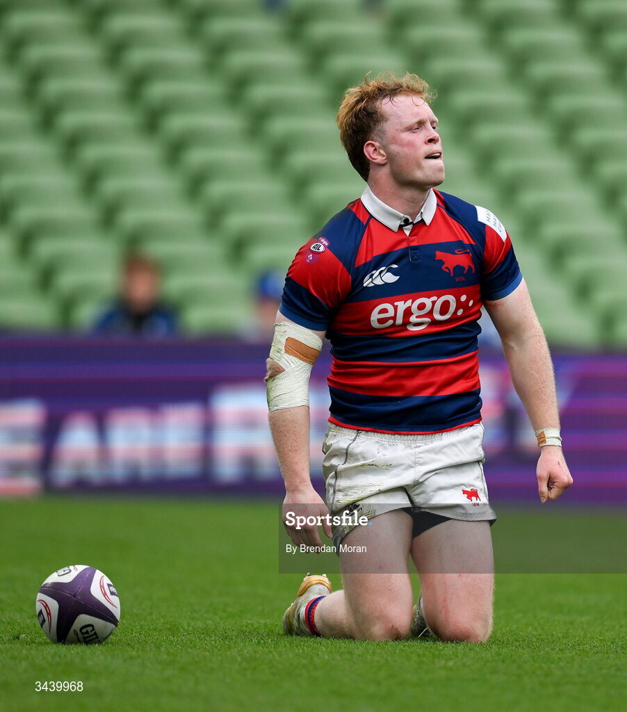 26 April 2026; Hugh Cooney of Clontarf FC after scoring a try during the Energia Men's All-Ireland League Division 1A final match between Clontarf FC and St Mary's College RFC at the Aviva Stadium in Dublin. Photo by Brendan Moran/Sportsfile