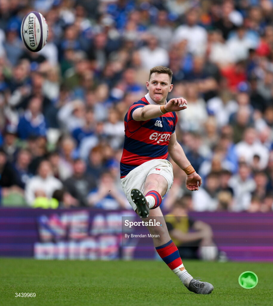 26 April 2026; Conor Kelly of Clontarf FC kicks a conversion during the Energia Men's All-Ireland League Division 1A final match between Clontarf FC and St Mary's College RFC at the Aviva Stadium in Dublin. Photo by Brendan Moran/Sportsfile
