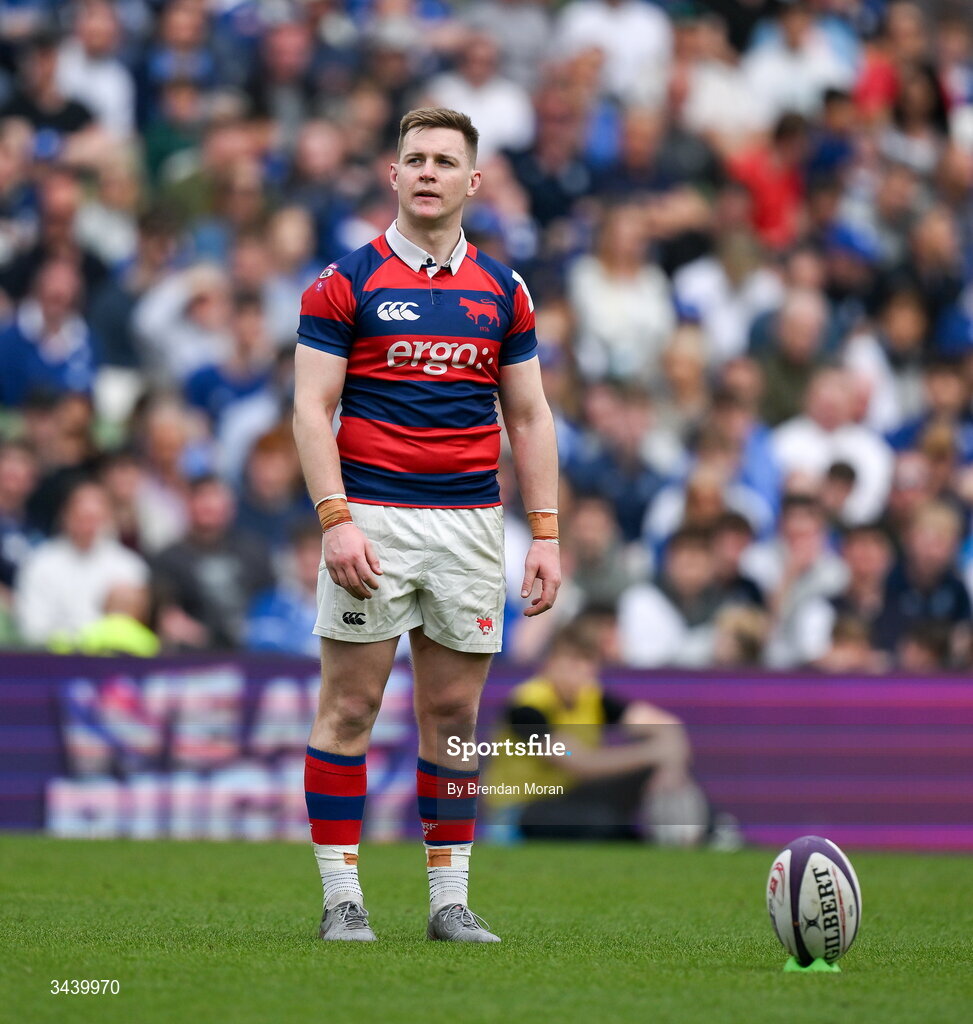 26 April 2026; Conor Kelly of Clontarf FC kicks a conversion during the Energia Men's All-Ireland League Division 1A final match between Clontarf FC and St Mary's College RFC at the Aviva Stadium in Dublin. Photo by Brendan Moran/Sportsfile