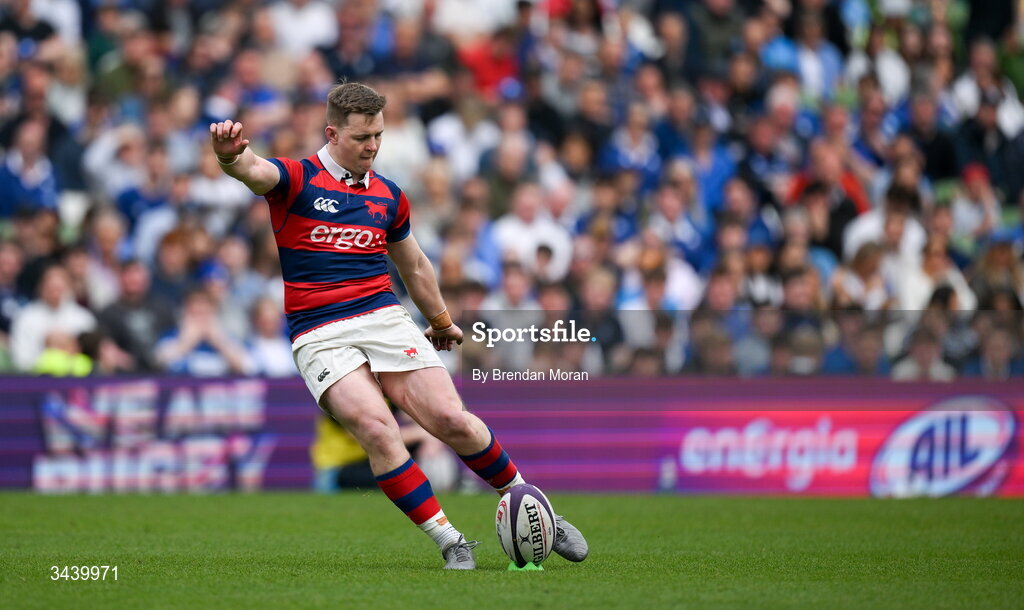 26 April 2026; Conor Kelly of Clontarf FC kicks a conversion during the Energia Men's All-Ireland League Division 1A final match between Clontarf FC and St Mary's College RFC at the Aviva Stadium in Dublin. Photo by Brendan Moran/Sportsfile