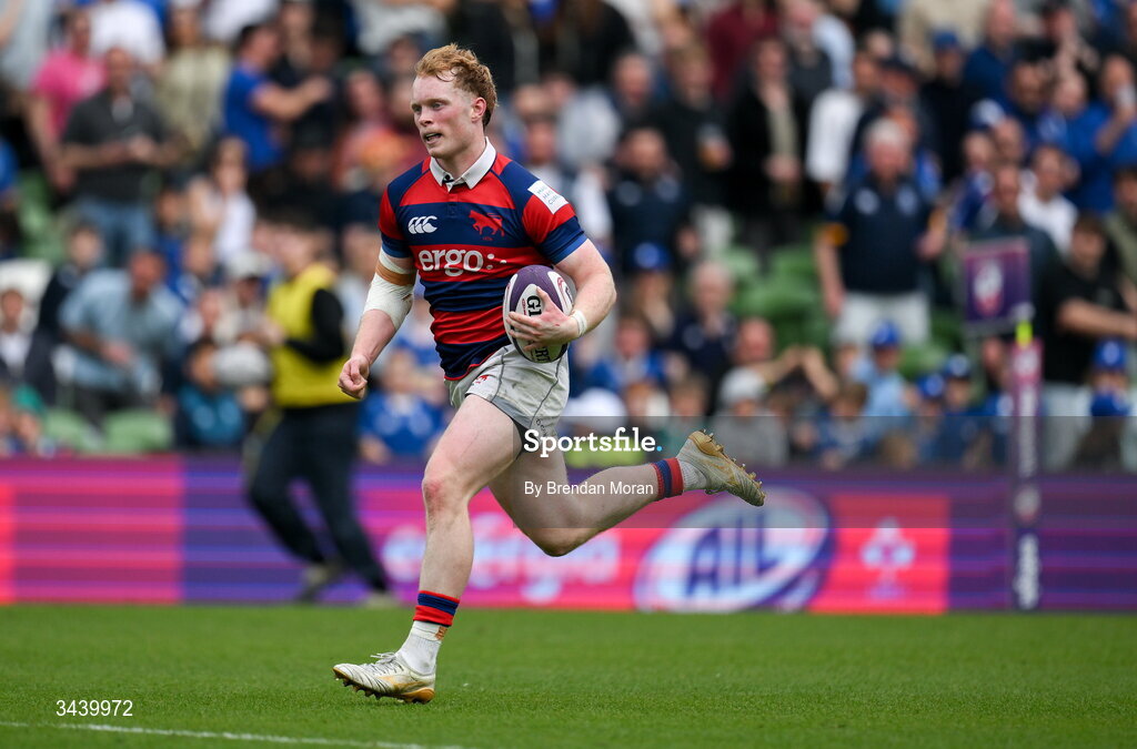 26 April 2026; Hugh Cooney of Clontarf FC on his way to scoring a try during the Energia Men's All-Ireland League Division 1A final match between Clontarf FC and St Mary's College RFC at the Aviva Stadium in Dublin. Photo by Brendan Moran/Sportsfile