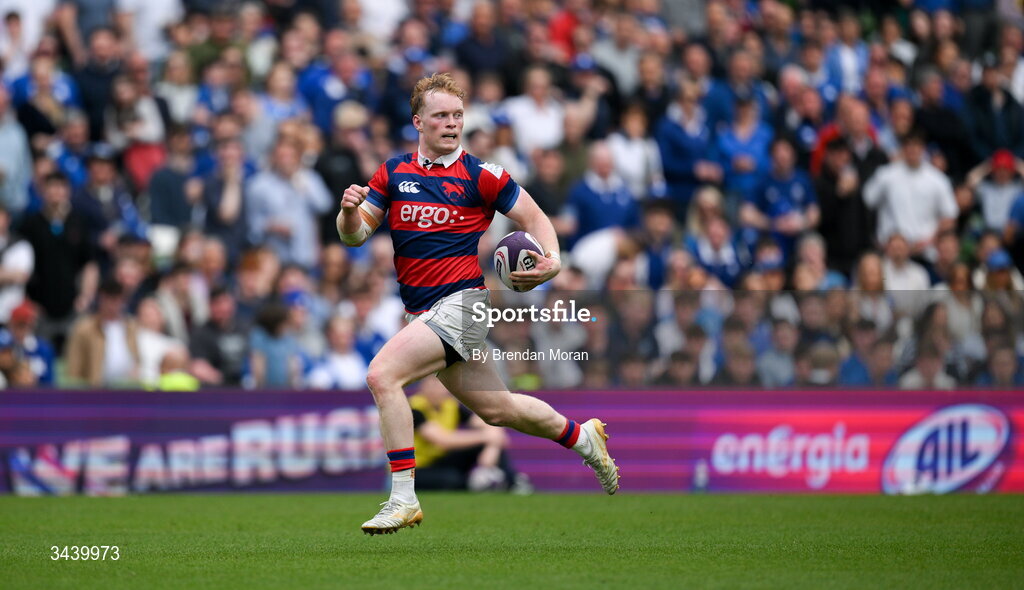 26 April 2026; Hugh Cooney of Clontarf FC on his way to scoring a try during the Energia Men's All-Ireland League Division 1A final match between Clontarf FC and St Mary's College RFC at the Aviva Stadium in Dublin. Photo by Brendan Moran/Sportsfile