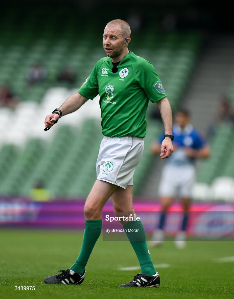 26 April 2026; Referee Daniel Carson during the Energia Men's All-Ireland League Division 1A final match between Clontarf FC and St Mary's College RFC at the Aviva Stadium in Dublin. Photo by Brendan Moran/Sportsfile