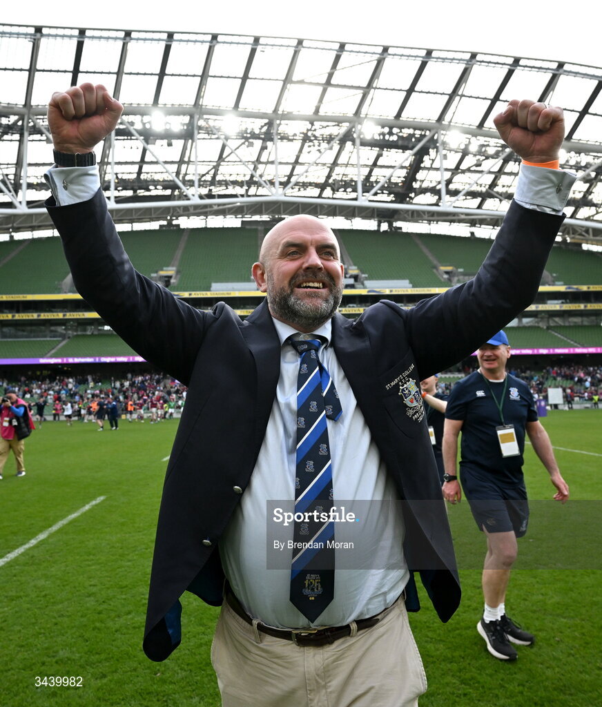 26 April 2026; St Mary's College RFC president Gareth Logan celebrates after the Energia Men's All-Ireland League Division 1A final match between Clontarf FC and St Mary's College RFC at the Aviva Stadium in Dublin. Photo by Brendan Moran/Sportsfile