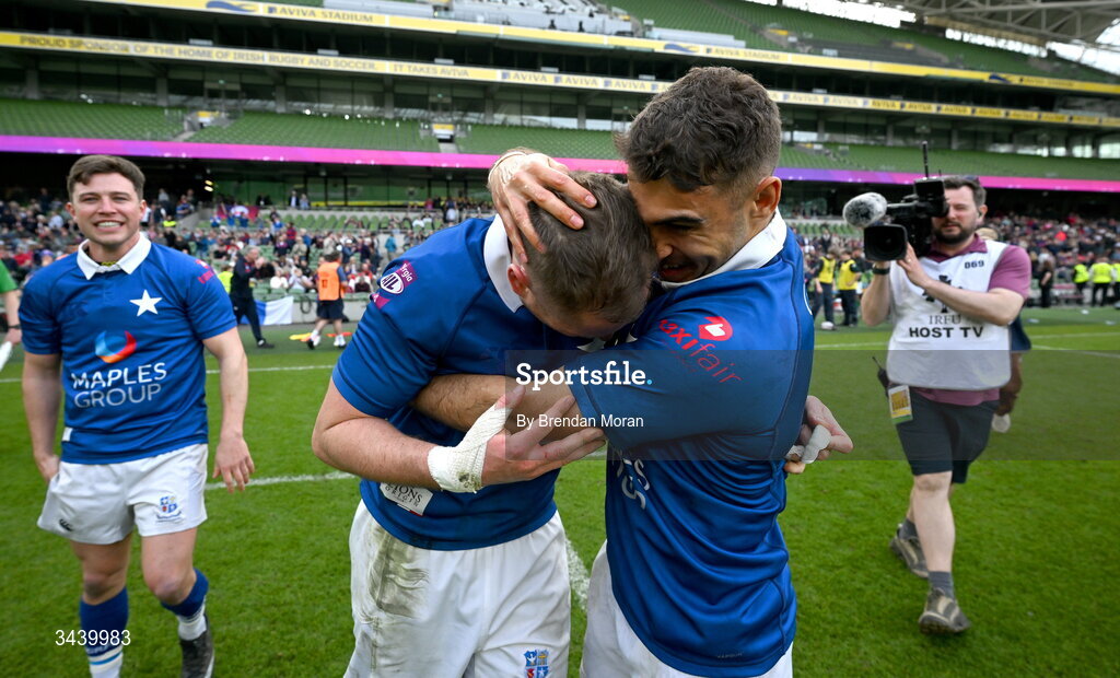 26 April 2026; Conor Dean, left, and Ramirez Leandro of St Mary's College RFC celebrate after the Energia Men's All-Ireland League Division 1A final match between Clontarf FC and St Mary's College RFC at the Aviva Stadium in Dublin. Photo by Brendan Moran/Sportsfile