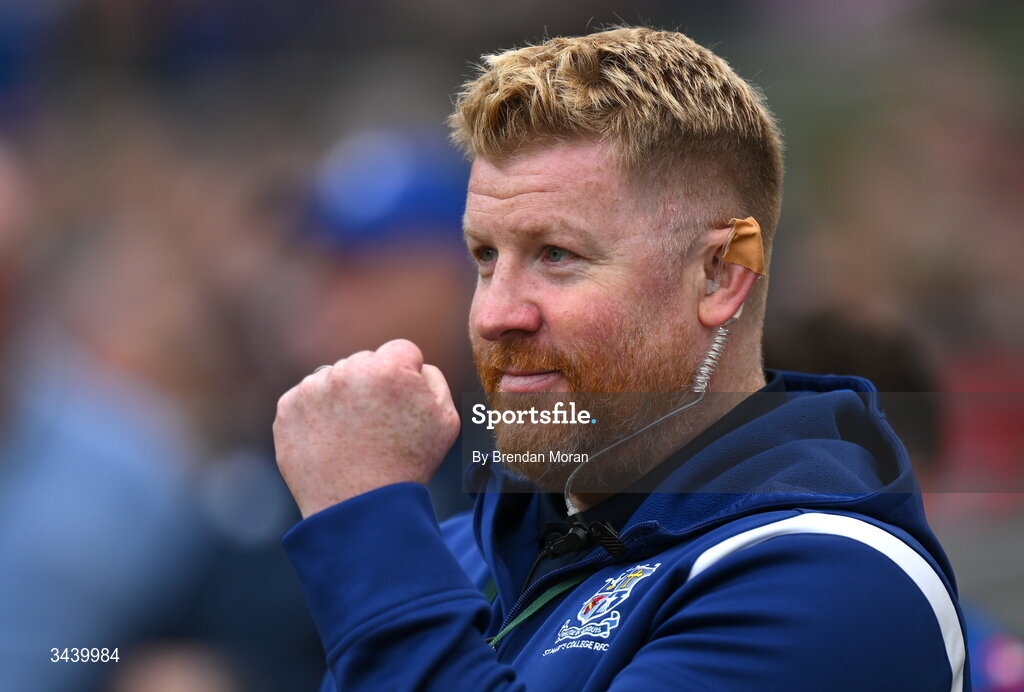 26 April 2026; St Mary's College RFC head coach Mark McHugh celebrates during the closing stages of the Energia Men's All-Ireland League Division 1A final match between Clontarf FC and St Mary's College RFC at the Aviva Stadium in Dublin. Photo by Brendan Moran/Sportsfile