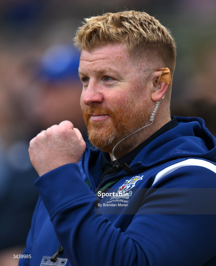26 April 2026; St Mary's College RFC head coach Mark McHugh celebrates during the closing stages of the Energia Men's All-Ireland League Division 1A final match between Clontarf FC and St Mary's College RFC at the Aviva Stadium in Dublin. Photo by Brendan Moran/Sportsfile