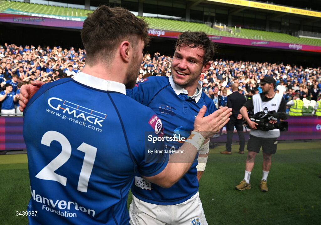 26 April 2026; Ethan Baxter, right, and Finn Burke of St Mary's College RFC celebrate after the Energia Men's All-Ireland League Division 1A final match between Clontarf FC and St Mary's College RFC at the Aviva Stadium in Dublin. Photo by Brendan Moran/Sportsfile