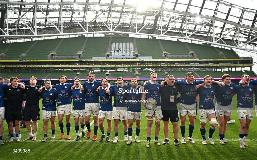 26 April 2026; St Mary's College RFC players celebrate after the Energia Men's All-Ireland League Division 1A final match between Clontarf FC and St Mary's College RFC at the Aviva Stadium in Dublin. Photo by Brendan Moran/Sportsfile