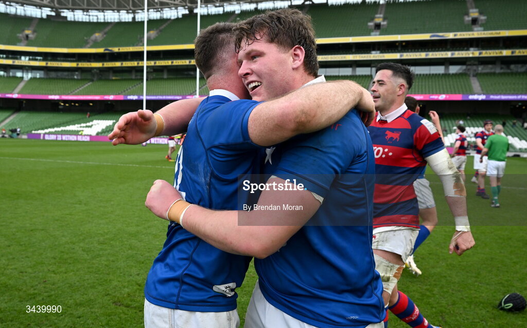 26 April 2026; Oisin Michel, right, and Mick O'Gara of St Mary's College RFC celebrate after the Energia Men's All-Ireland League Division 1A final match between Clontarf FC and St Mary's College RFC at the Aviva Stadium in Dublin. Photo by Brendan Moran/Sportsfile