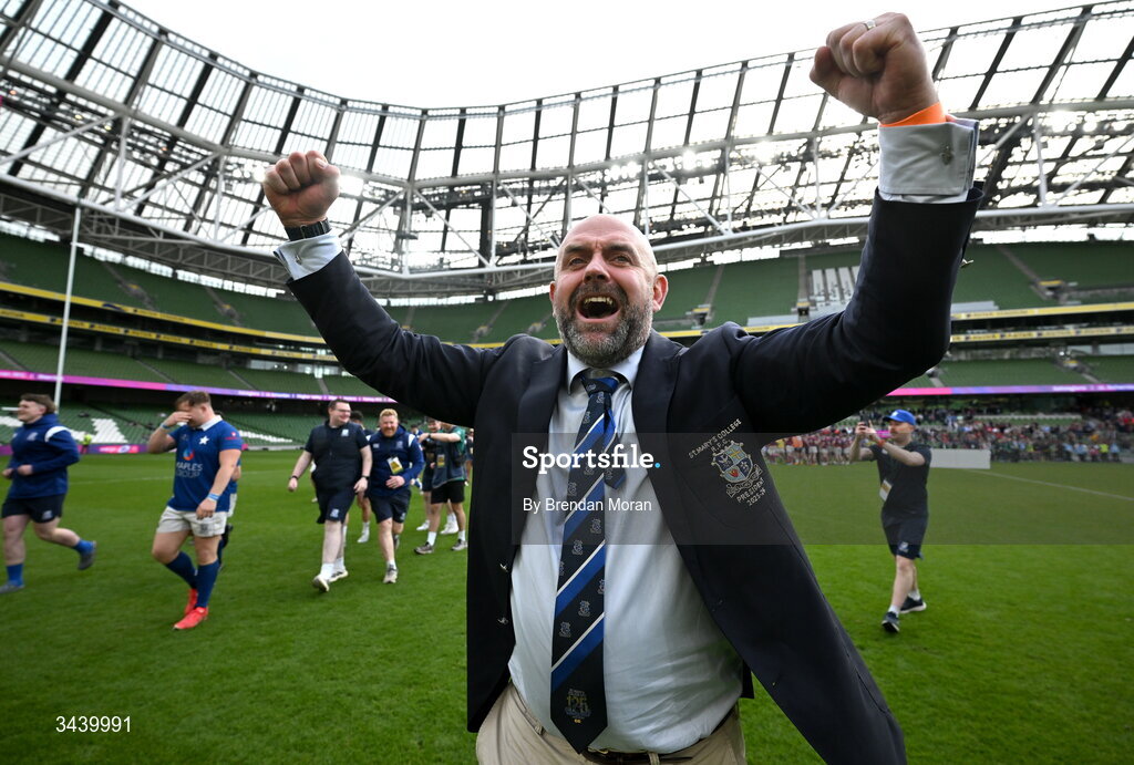 26 April 2026; St Mary's College RFC president Gareth Logan celebrates after the Energia Men's All-Ireland League Division 1A final match between Clontarf FC and St Mary's College RFC at the Aviva Stadium in Dublin. Photo by Brendan Moran/Sportsfile