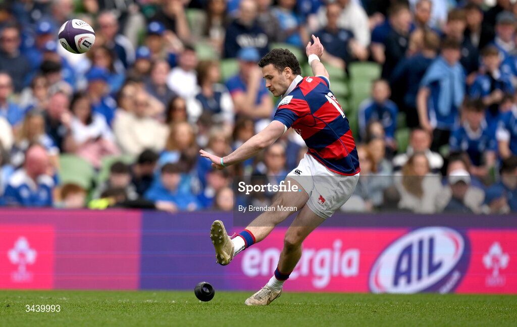 26 April 2026; Michael Moloney of Clontarf FC kicks a conversion during the Energia Men's All-Ireland League Division 1A final match between Clontarf FC and St Mary's College RFC at the Aviva Stadium in Dublin. Photo by Brendan Moran/Sportsfile